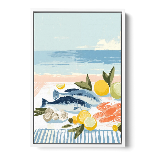 Fish Painting with Lemons by the Sea - White Framed Canvas Wall Art - Front