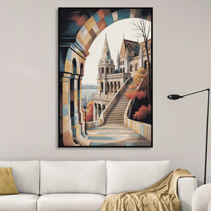 Fisherman's Bastion View Living Room - Black Canvas Wall Art