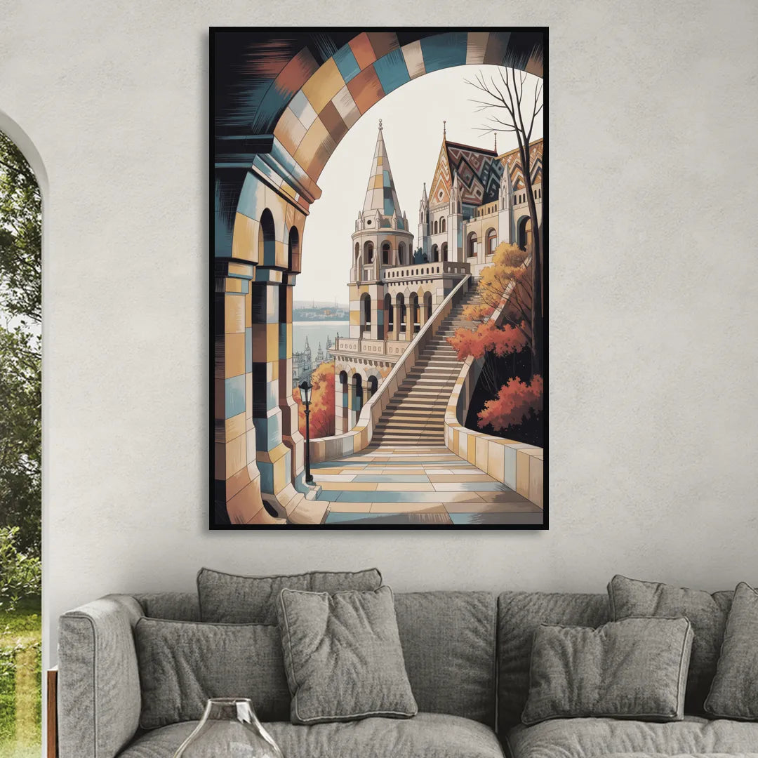 Fisherman's Bastion View Sitting Room - Black Canvas Wall Art