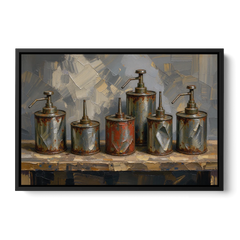 Five Rusty Oil Cans on a Worn Wooden Shelf - Black Framed Canvas Wall Art - Front
