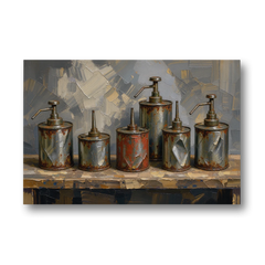 Five Rusty Oil Cans on a Worn Wooden Shelf - Canvas Wall Art - Front