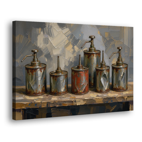 Five Rusty Oil Cans on a Worn Wooden Shelf - Canvas Wall Art - Side
