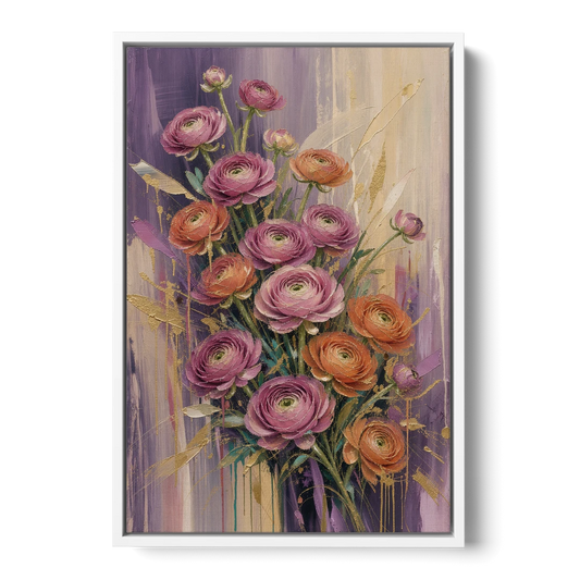 Floral Canvas Prints of Mauve and Coral Ranunculus - White Framed Canvas Wall Art - Front