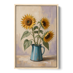Floral Wall Art for Living Room with Sunflowers - Oak Framed Canvas Wall Art - Front