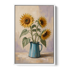 Floral Wall Art for Living Room with Sunflowers - White Framed Canvas Wall Art - Front