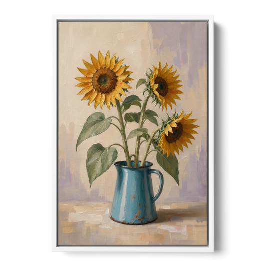Floral Wall Art for Living Room with Sunflowers - White Framed Canvas Wall Art - Front