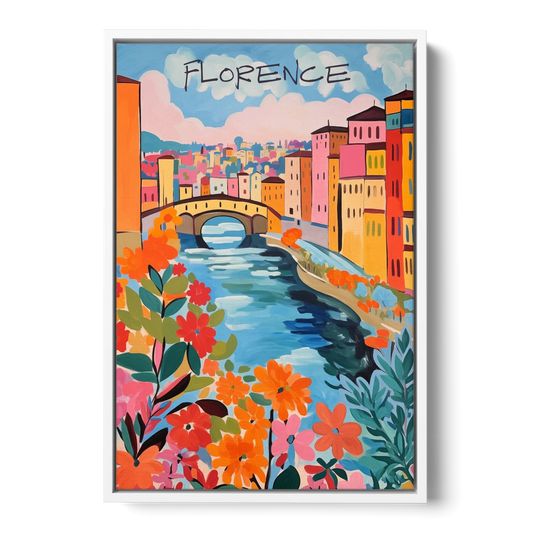 Florence Painting of the Arno in Bloom - White Framed Canvas Wall Art - Front
