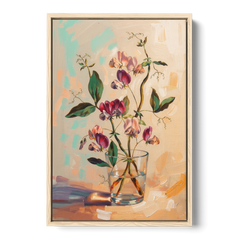 Flower Art Prints Sweet Peas in a Glass - Oak Framed Canvas Wall Art - Front