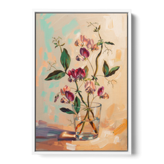 Flower Art Prints Sweet Peas in a Glass - White Framed Canvas Wall Art - Front