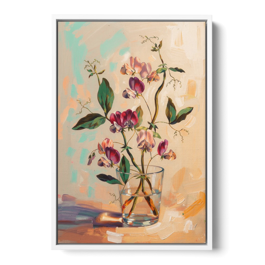 Flower Art Prints Sweet Peas in a Glass - White Framed Canvas Wall Art - Front