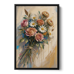 Flower Painting Canvas Sun-Faded Bouquet - Black Framed Canvas Wall Art - Front