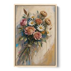 Flower Painting Canvas Sun-Faded Bouquet - Oak Framed Canvas Wall Art - Front