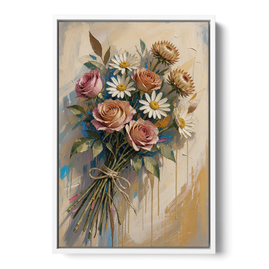 Flower Painting Canvas Sun-Faded Bouquet - White Framed Canvas Wall Art - Front