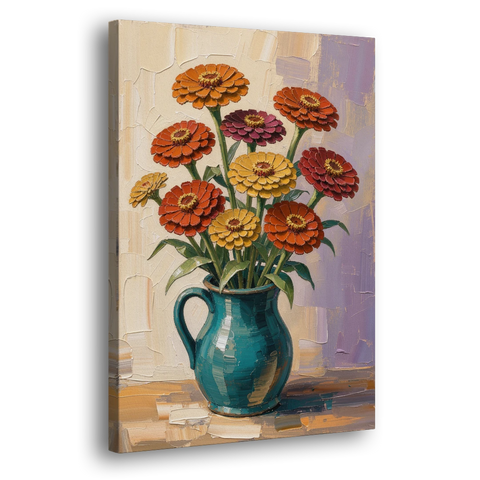 Flower Painting of Zinnias in a Teal Pitcher - Canvas Wall Art - Side