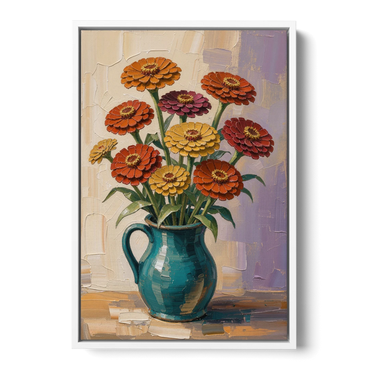 Flower Painting of Zinnias in a Teal Pitcher - White Framed Canvas Wall Art - Front