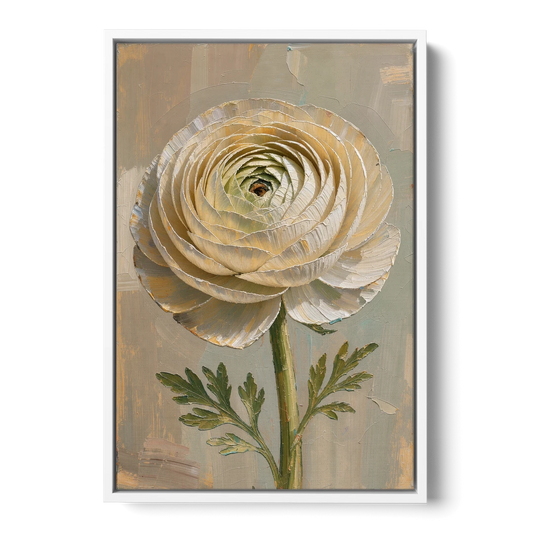 Flower Wall Art with a Cream Ranunculus - White Framed Canvas Wall Art - Front