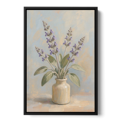 Flowering Sage in a Cream Bottle for the Kitchen - Black Framed Canvas Wall Art - Front