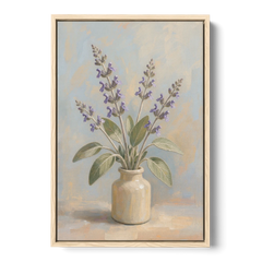 Flowering Sage in a Cream Bottle for the Kitchen - Oak Framed Canvas Wall Art - Front