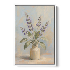 Flowering Sage in a Cream Bottle for the Kitchen - White Framed Canvas Wall Art - Front