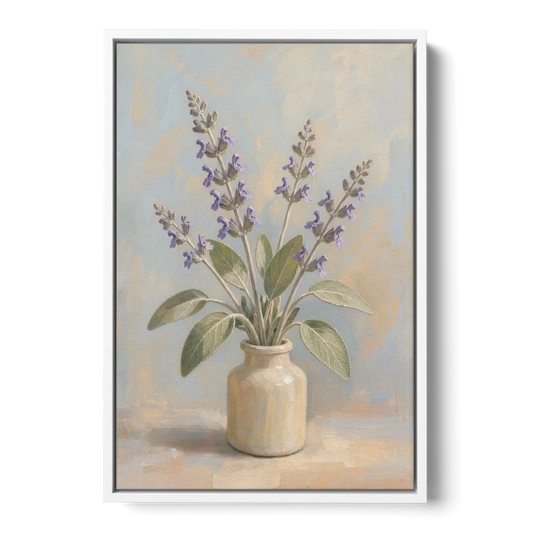 Flowering Sage in a Cream Bottle for the Kitchen - White Framed Canvas Wall Art - Front