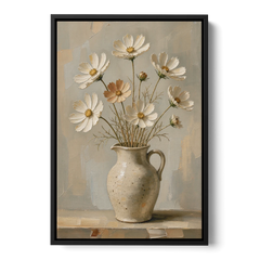 Flowers in Vase Painting with Cosmos and Speckled Jug - Black Framed Canvas Wall Art - Front