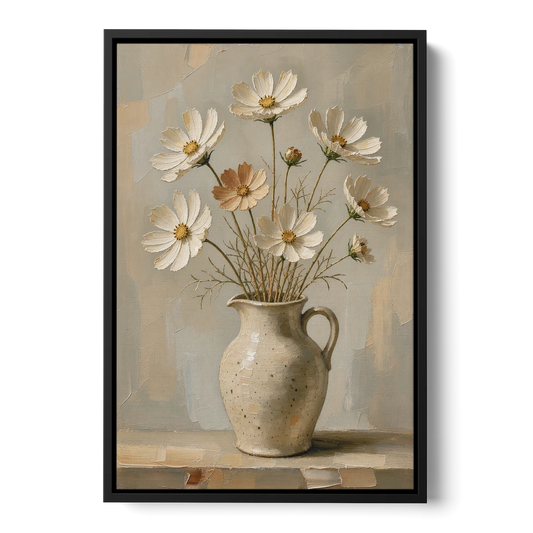 Flowers in Vase Painting with Cosmos and Speckled Jug - Black Framed Canvas Wall Art - Front
