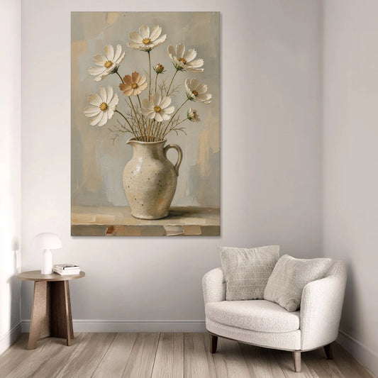 Flowers in Vase Painting with Cosmos and Speckled Jug - Canvas Wall Art - Sofa - 40x60