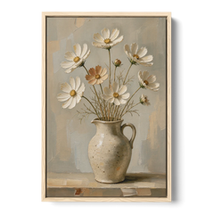Flowers in Vase Painting with Cosmos and Speckled Jug - Oak Framed Canvas Wall Art - Front