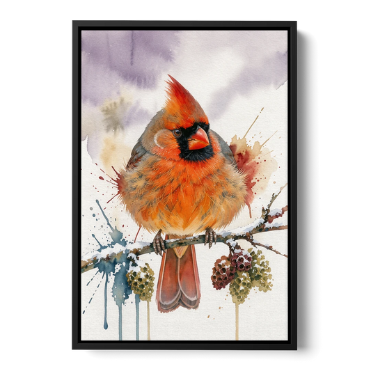 Fluffed Cardinal on a Snowy Alder Twig - Black Framed Canvas Wall Art - Front