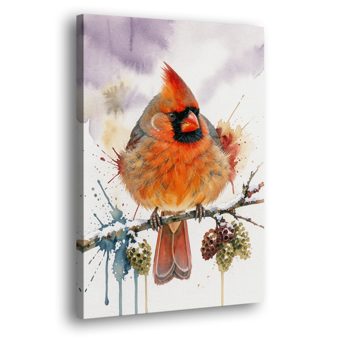 Fluffed Cardinal on a Snowy Alder Twig - Canvas Wall Art