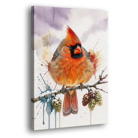 Fluffed Cardinal on a Snowy Alder Twig - Canvas Wall Art - Side