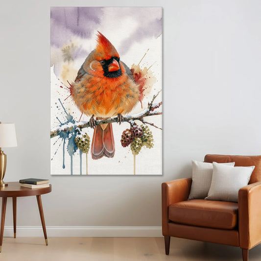 Fluffed Cardinal on a Snowy Alder Twig - Canvas Wall Art - Sofa - 40x60