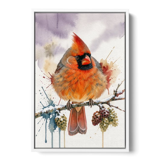 Fluffed Cardinal on a Snowy Alder Twig - White Framed Canvas Wall Art - Front