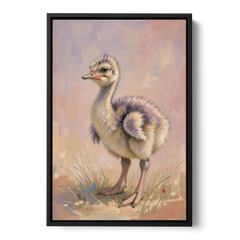 Fluffy Ostrich Chick on Long Pink Legs - Black Framed Canvas Wall Art - Front