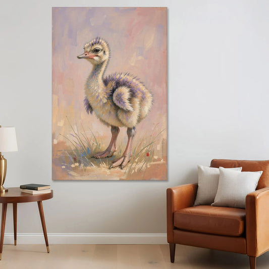 Fluffy Ostrich Chick on Long Pink Legs - Canvas Wall Art - Sofa - 40x60