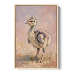 Fluffy Ostrich Chick on Long Pink Legs - Oak Framed Canvas Wall Art - Front