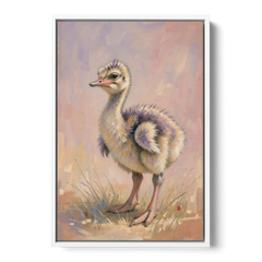 Fluffy Ostrich Chick on Long Pink Legs - White Framed Canvas Wall Art - Front