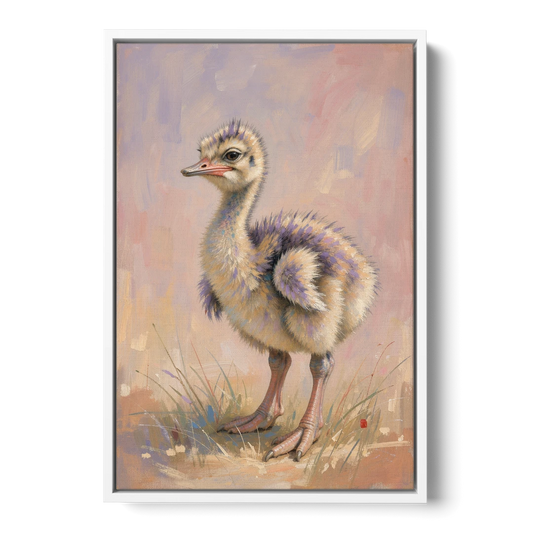 Fluffy Ostrich Chick on Long Pink Legs - White Framed Canvas Wall Art - Front