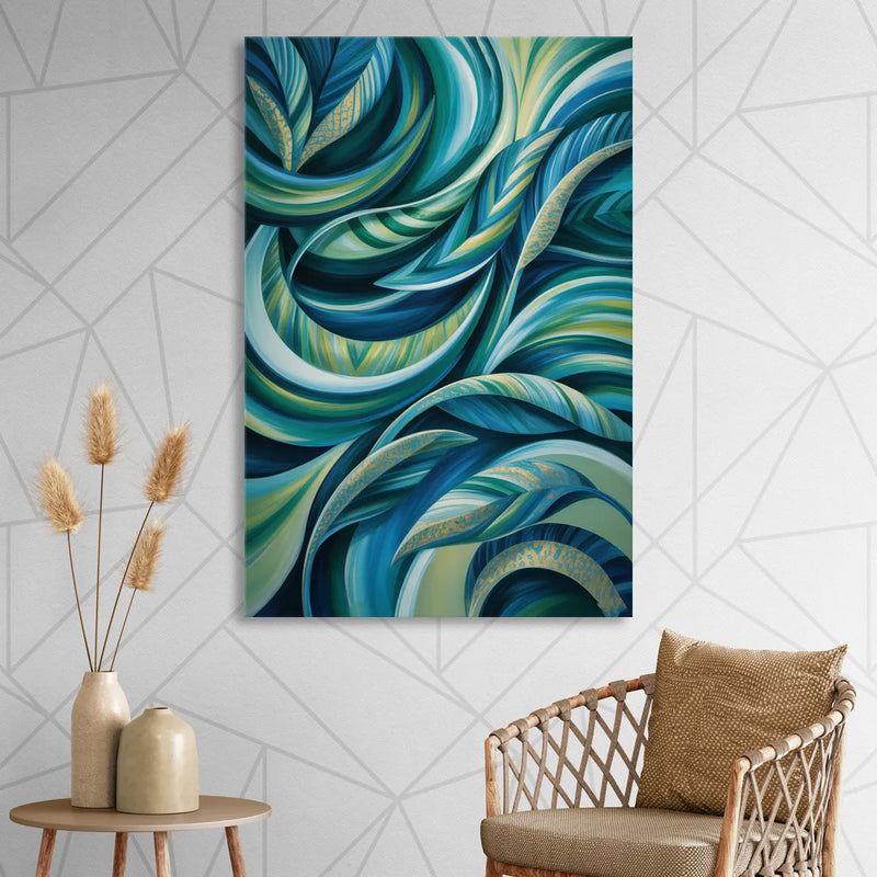 Fluid Elegance Blue and Green Abstract Living Room - Canvas Wall Art