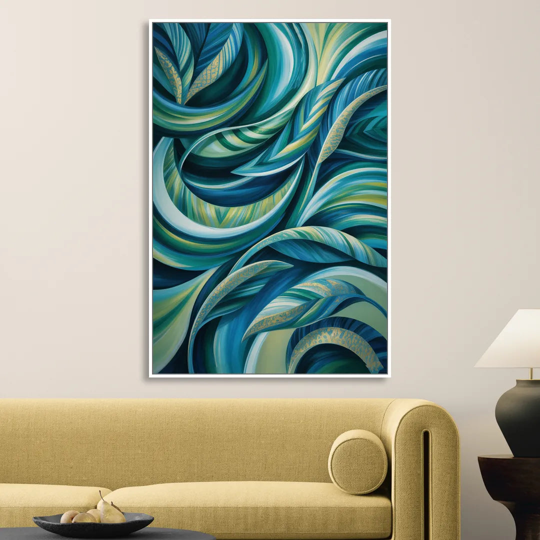 Fluid Elegance Blue and Green Abstract Sitting Room - White Canvas Wall Art