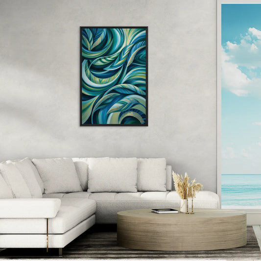 Fluid Elegance Blue and Green Abstract - Living Room Black Frame Canvas