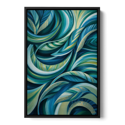 Fluid Elegance Blue and Green Abstract - Black Frame Canvas