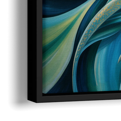 Fluid Elegance Blue and Green Abstract - Close-Up Black Frame Canvas