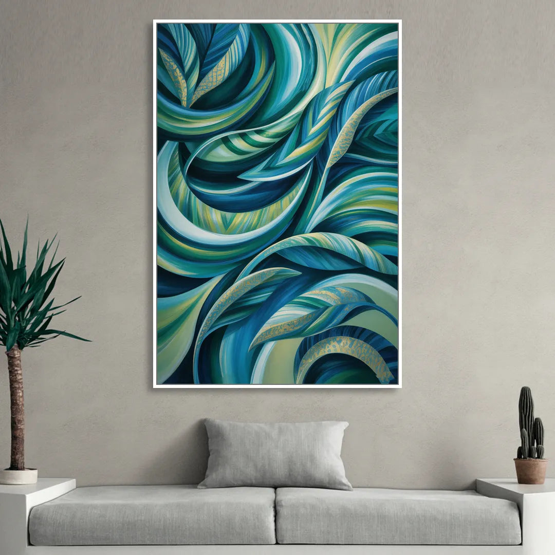 Fluid Elegance Blue and Green Abstract Living Room - White Canvas Wall Art