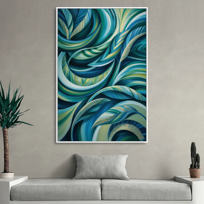 Fluid Elegance Blue and Green Abstract Living Room - White Canvas Wall Art