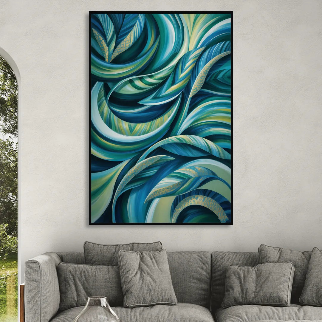 Fluid Elegance Blue and Green Abstract Sitting Room - Black Canvas Wall Art