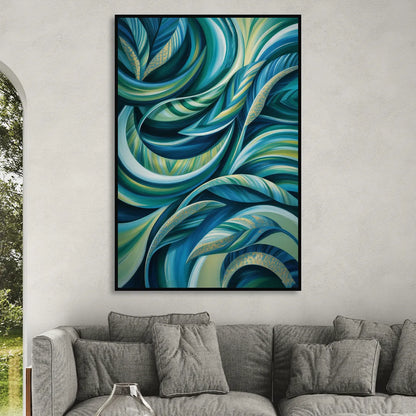 Fluid Elegance Blue and Green Abstract Sitting Room - Black Canvas Wall Art