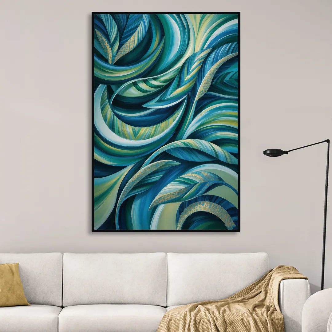 Fluid Elegance Blue and Green Abstract Living Room - Black Canvas Wall Art