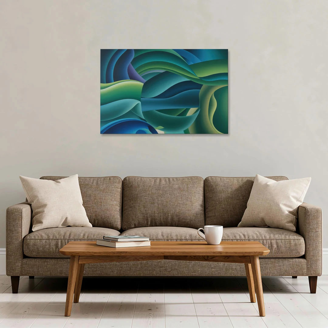 Fluid Harmony Blue and Green Abstract - Canvas Wall Art - Sofa - 36x24