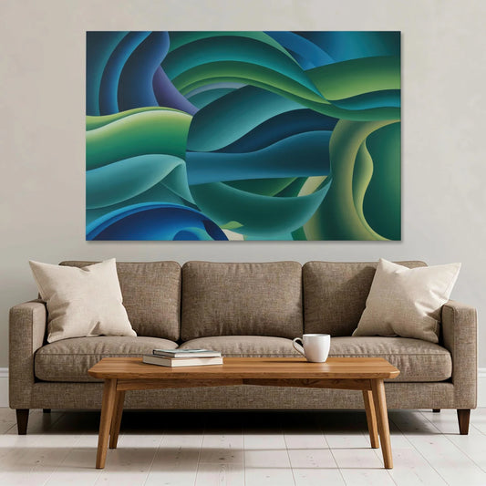 Fluid Harmony Blue and Green Abstract - Canvas Wall Art - Sofa - 60x40